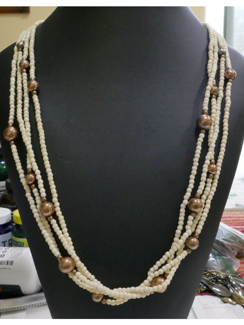Vintage 4-Strand Cream Seed Bead Necklace | Metallic Bronze Accents | Boho Chic
